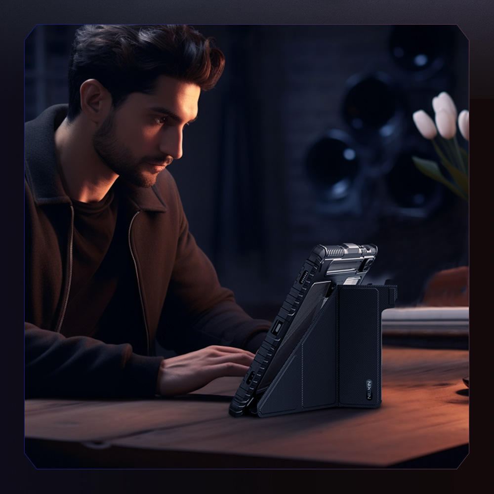 کیف چرمی پشت شفاف ایربگ دار استند تاشو چند زاویه Samsung Galaxy Tab S10 FE مارک نیلکین مدل Bumper Pro