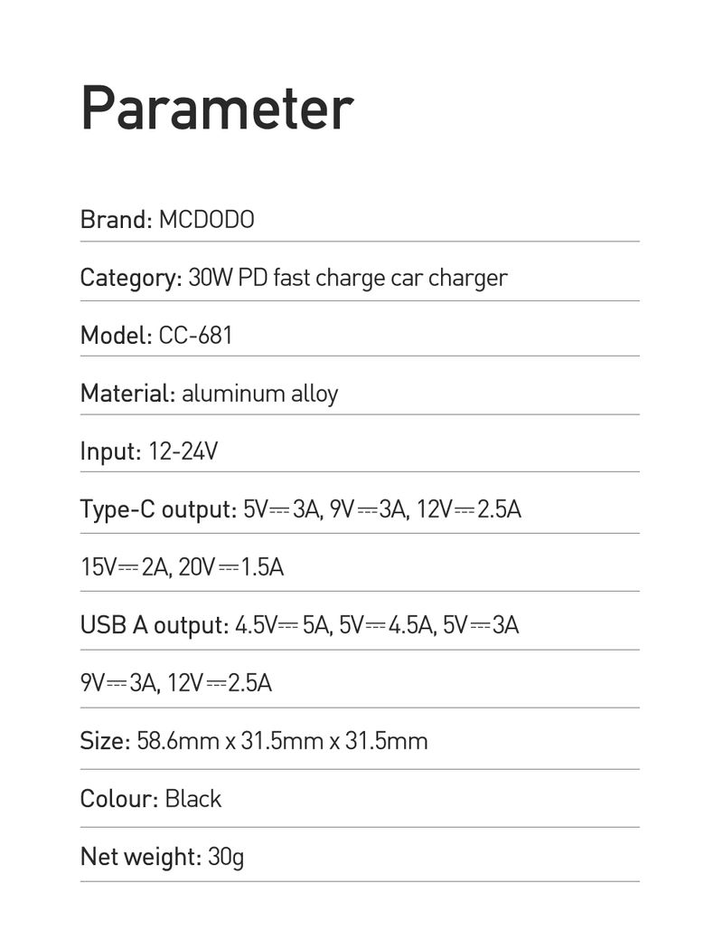 شارژر فندکی 2 پورت 30 وات 5 آمپر USB-A - Type-C دارای نمایشگر دیجیتالی برند مک دودو مدل Mcdodo CC-6810