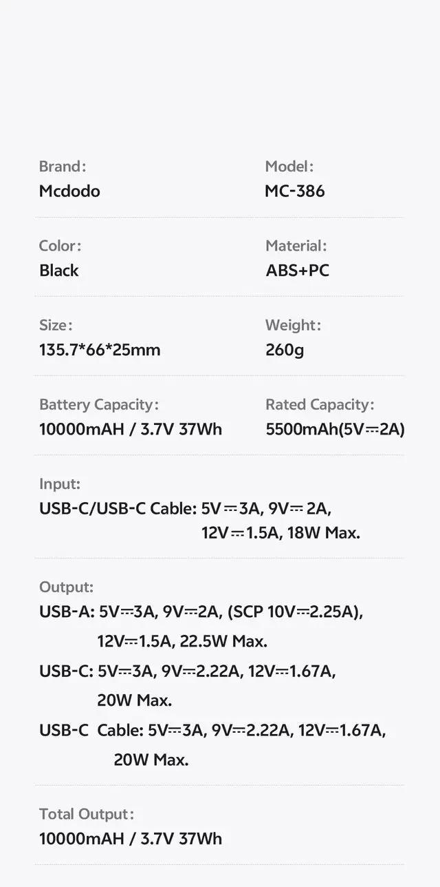 پاوربانک 10هزار 22.5 وات بهمراه کابل شارژ جمع شونده داخلی برند مک دودو مدل Mcdodo MC-3860