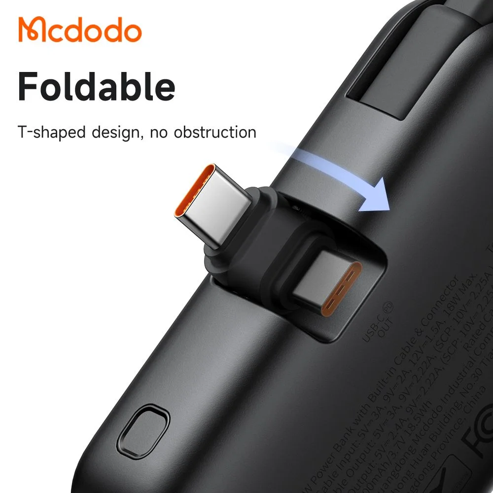 پاوربانک 5 هزار 22.5 وات دارای کابل و کانکتور داخلی پورت Type-C برند مک دودو مدل Mcdodo MC-7760