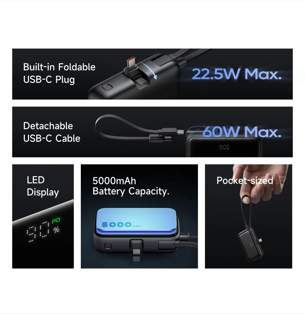 پاوربانک 5 هزار 22.5 وات دارای کابل و کانکتور داخلی پورت Type-C برند مک دودو مدل Mcdodo MC-7760
