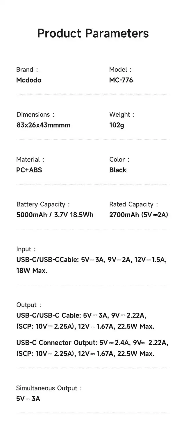 پاوربانک 5 هزار 22.5 وات دارای کابل و کانکتور داخلی پورت Type-C برند مک دودو مدل Mcdodo MC-7760