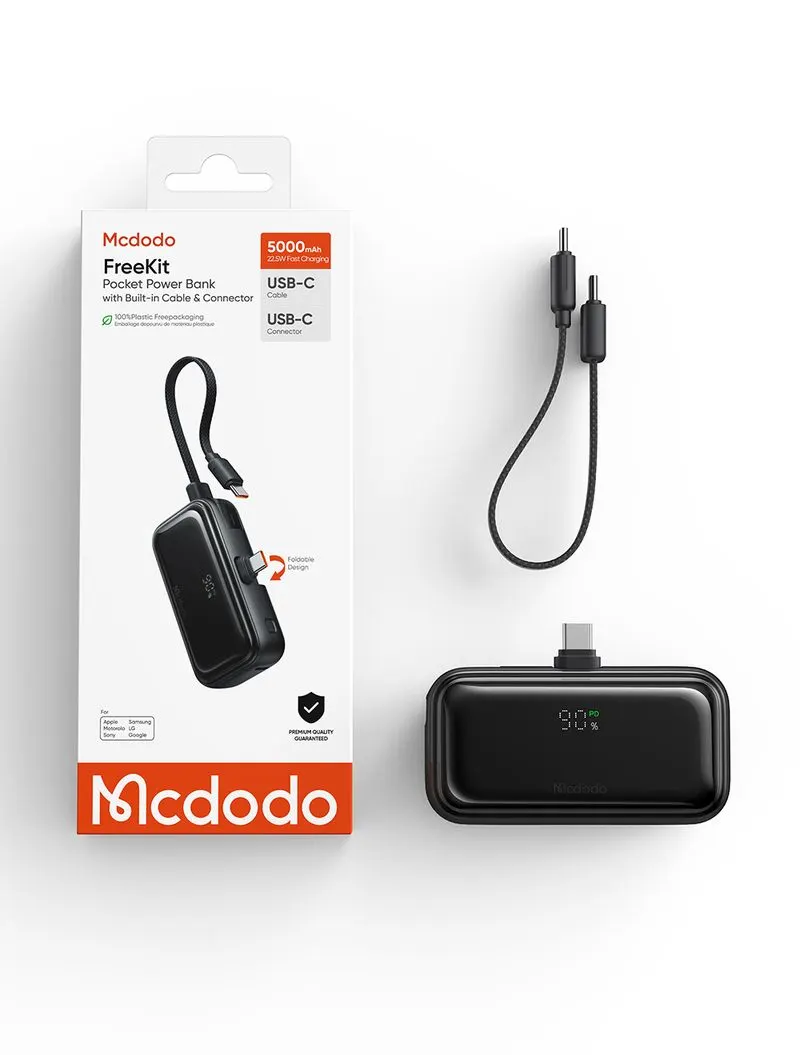 پاوربانک 5 هزار 22.5 وات دارای کابل و کانکتور داخلی پورت Type-C برند مک دودو مدل Mcdodo MC-7760