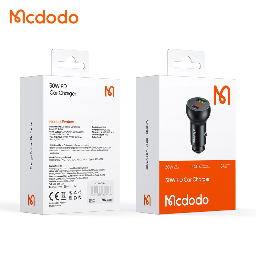 شارژر فندکی 2 پورت 30 وات 5 آمپر USB-A - Type-C دارای نمایشگر دیجیتالی برند مک دودو مدل Mcdodo CC-6810