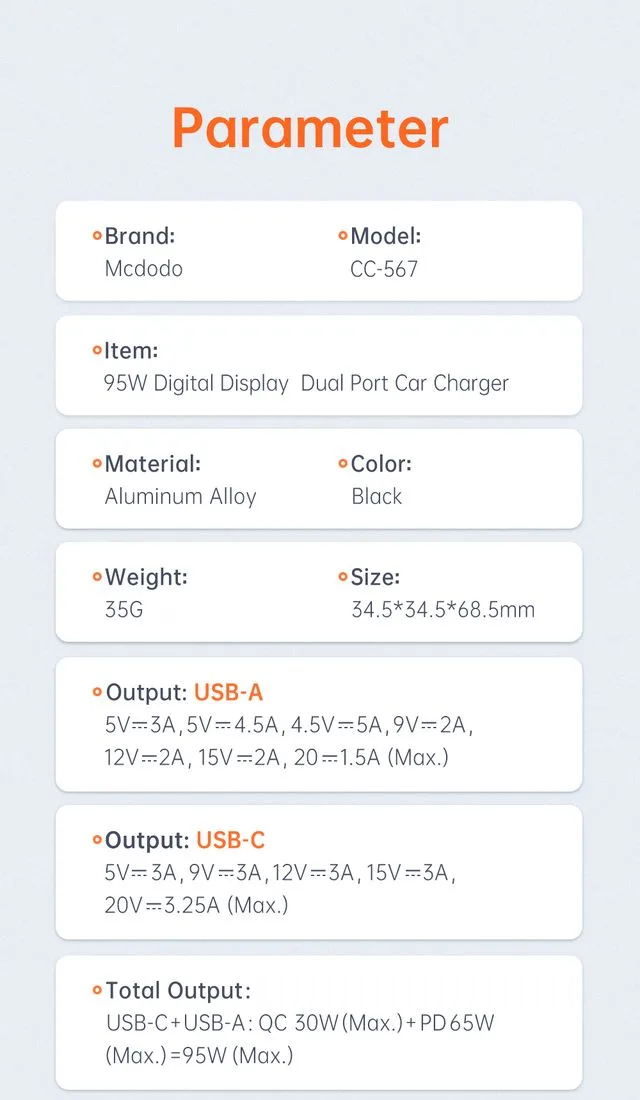 شارژر فندکی 2 پورت 95 وات USB-A + Type-C دارای نمایشگر دیجیتالی برند مک دودو مدل Mcdodo CC-5670