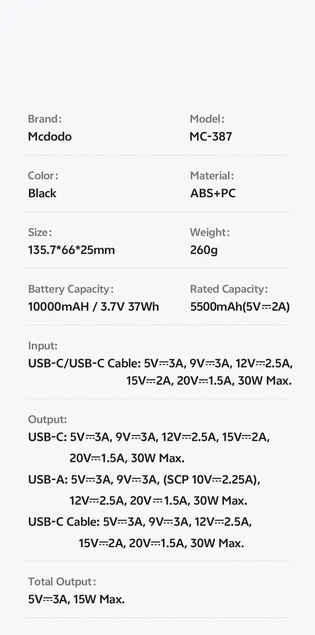 پاوربانک 10هزار 30 وات بهمراه کابل شارژ جمع شونده داخلی برند مک دودو مدل Mcdodo MC-3870