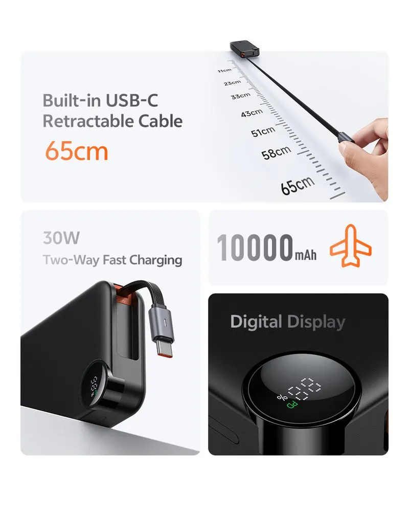 پاوربانک 10هزار 30 وات بهمراه کابل شارژ جمع شونده داخلی برند مک دودو مدل Mcdodo MC-3870