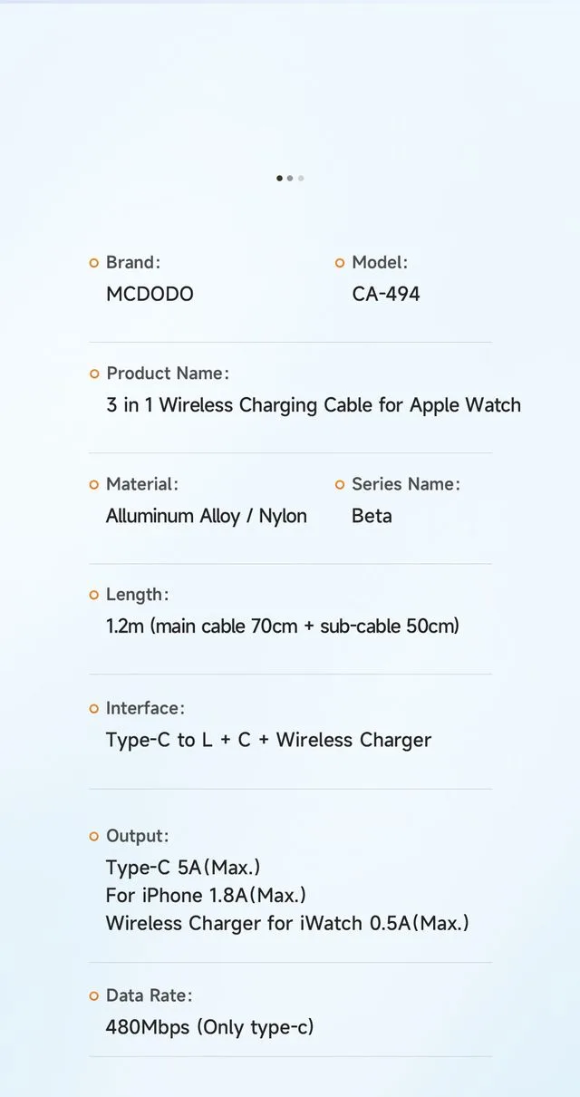 کابل شارژ چند سر 3 کاره 100وات Type-C و Lightning و Apple Watch طول 1.2 متر برند مک دودو مدل Mcdodo CA-4940