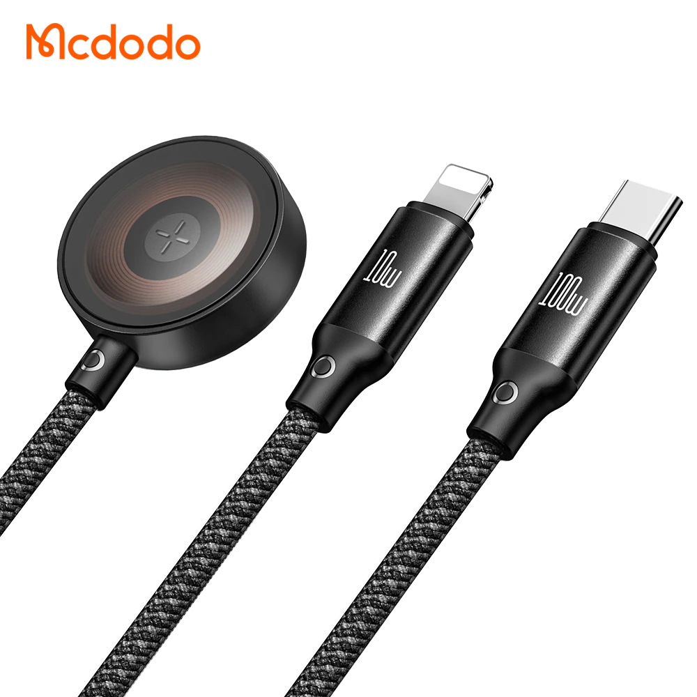 کابل شارژ چند سر 3 کاره 100وات Type-C و Lightning و Apple Watch طول 1.2 متر برند مک دودو مدل Mcdodo CA-4940