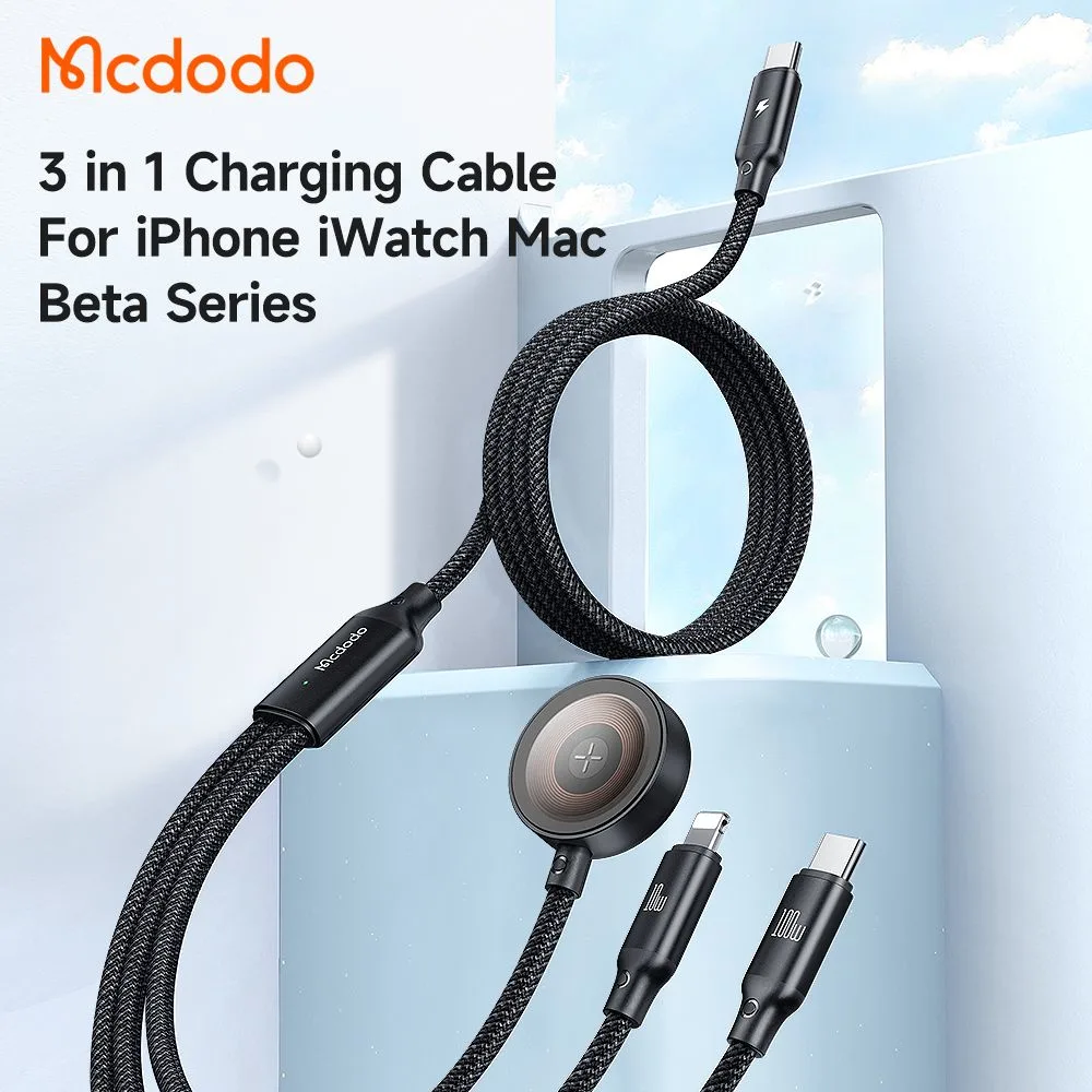 کابل شارژ چند سر 3 کاره 100وات Type-C و Lightning و Apple Watch طول 1.2 متر برند مک دودو مدل Mcdodo CA-4940