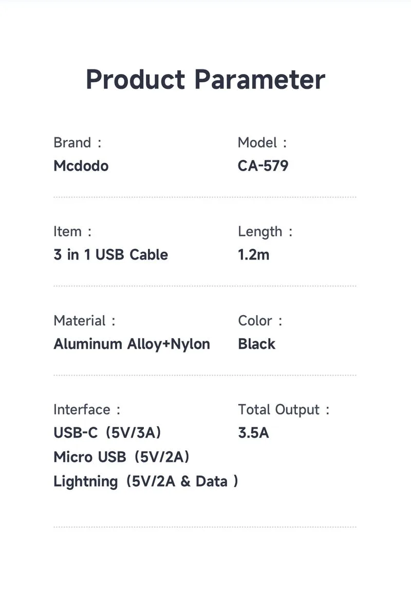 کابل شارژ چند سر 3 کاره 3 آمپر USB-A به Type-C و Lightning و Micro USB طول 1.2 متر برند مک دودو مدل Mcdodo CA-5790