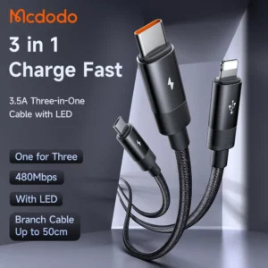 کابل شارژ چند سر 3 کاره 3 آمپر USB-A به Type-C و Lightning و Micro USB طول 1.2 متر برند مک دودو مدل Mcdodo CA-5790
