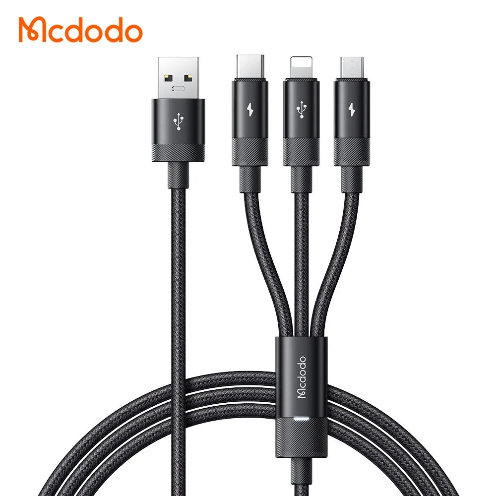 کابل شارژ چند سر 3 کاره 3 آمپر USB-A به Type-C و Lightning و Micro USB طول 1.2 متر برند مک دودو مدل Mcdodo CA-5790