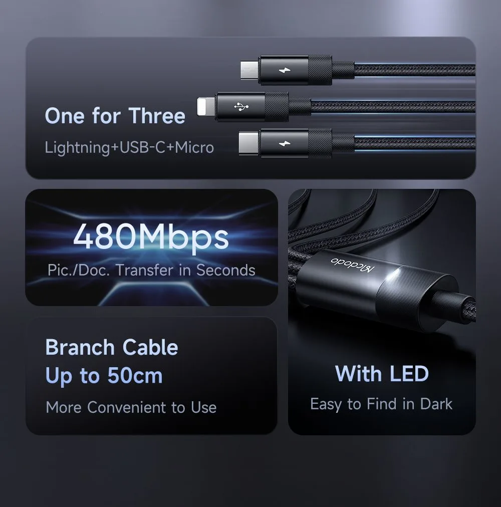 کابل شارژ چند سر 3 کاره 3 آمپر USB-A به Type-C و Lightning و Micro USB طول 1.2 متر برند مک دودو مدل Mcdodo CA-5790