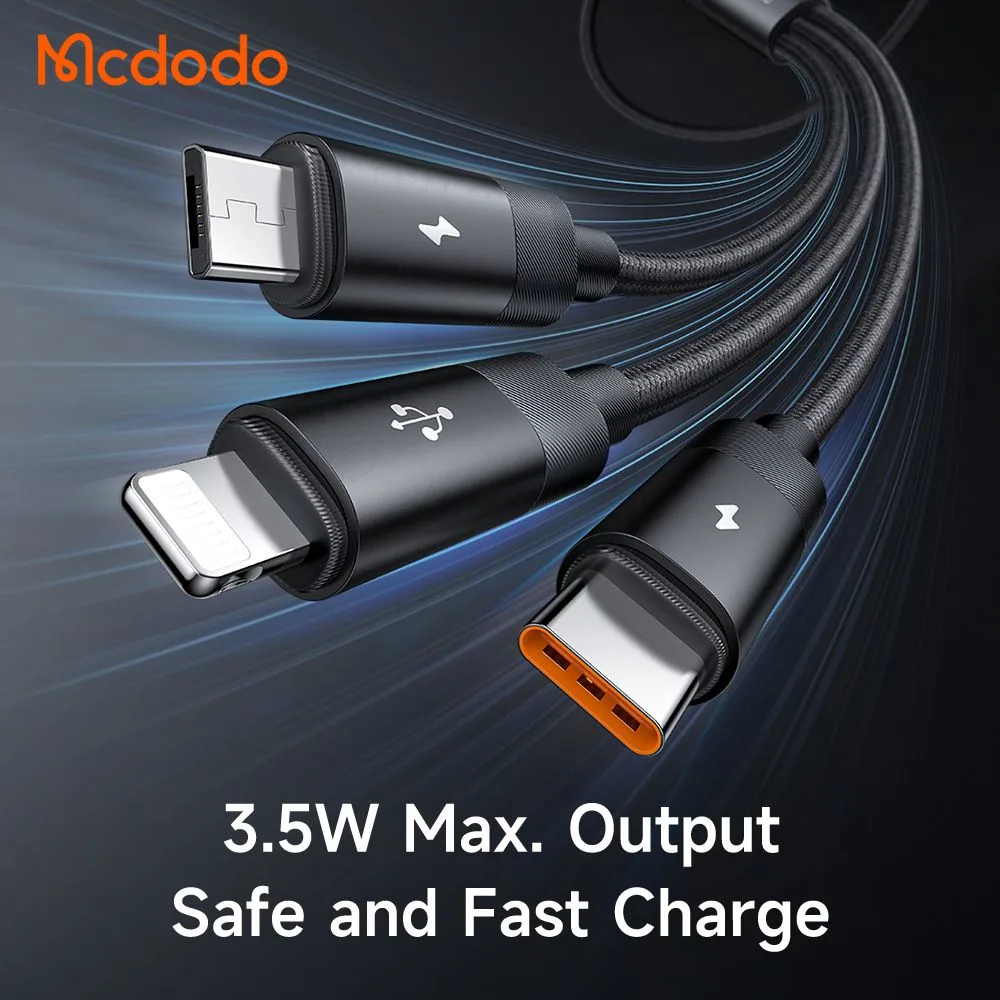 کابل شارژ چند سر 3 کاره 3 آمپر USB-A به Type-C و Lightning و Micro USB طول 1.2 متر برند مک دودو مدل Mcdodo CA-5790