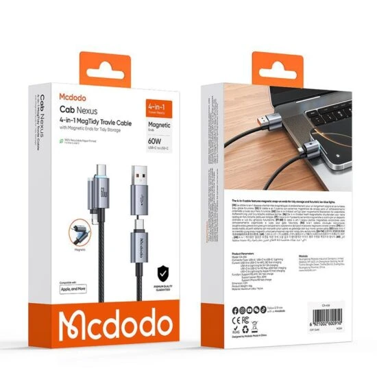 کابل شارژ چند سر 4 کاره مگنتی 60 وات Type-C و USB-A به Lightning و Type-C طول 1.2 متر برند مک دودو مدل Mcdodo CA-6560