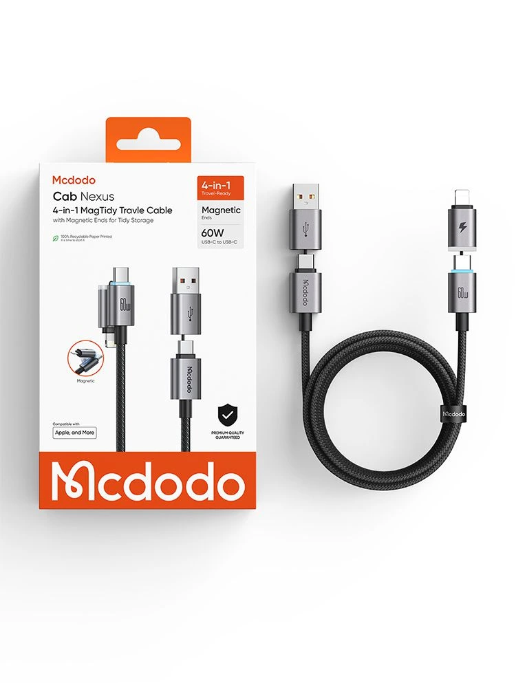 کابل شارژ چند سر 4 کاره مگنتی 60 وات Type-C و USB-A به Lightning و Type-C طول 1.2 متر برند مک دودو مدل Mcdodo CA-6560
