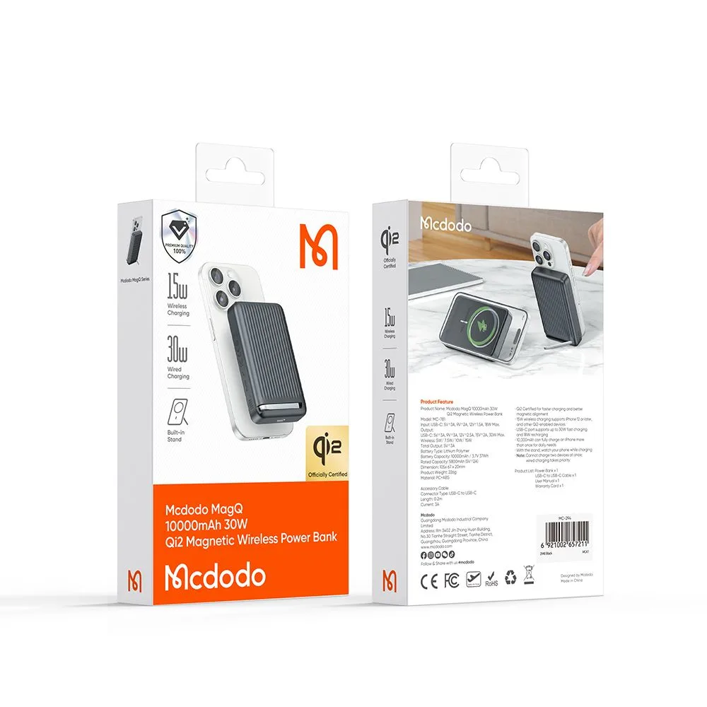 پاوربانک 10 هزار میلی آمپر 30 وات وایرلس شارژ مگ سیف دارای استند بهمراه کابل شارژ برند مک دودو مدل Mcdodo MC-781