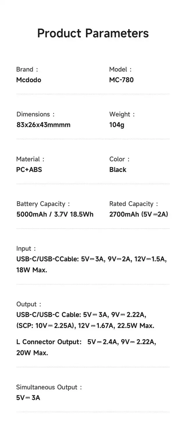 پاوربانک 5 هزار 22.5 وات دارای کابل و کانکتور داخلی پورت Lightning برند مک دودو مدل Mcdodo MC-7800 پاوربانک 5 هزار 22.5 وات دارای کابل و کانکتور داخلی پورت Lightning برند مک دودو مدل Mcdodo MC-7800
