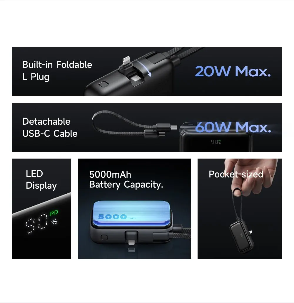 پاوربانک 5 هزار 22.5 وات دارای کابل و کانکتور داخلی پورت Lightning برند مک دودو مدل Mcdodo MC-7800