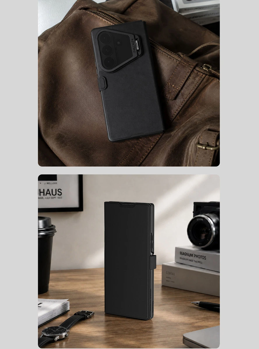 کیف چرمی Galaxy Z Fold 8 Ultra با درب مگنتی و محافظ دوربین استند دار مارک نیلکین مدل Qin Prop