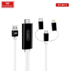 کابل تبدیل HDMI سه‌کاره Earldom مدل ET-W13 با سه کانکتور Lightning، Type-C و Micro USB