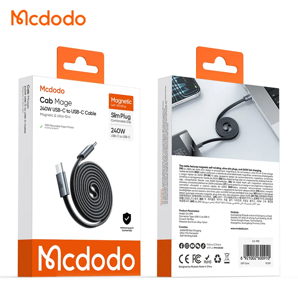 کابل شارژ 240 وات 5 آمپر بدنه مگنتی Type-C به Type-C طول 1.2 متر برند مک دودو مدل CA-9900