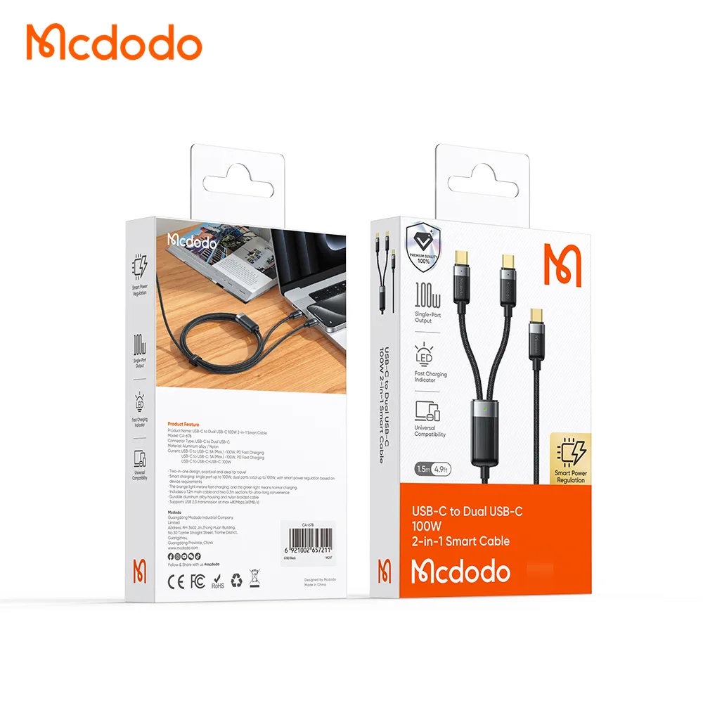 کابل شارژ سریع 100 وات 5 آمپر Type-C به دو پورت Type-C طول 1.5 متر برند مک دودو مدل Mcdodo CA-6780