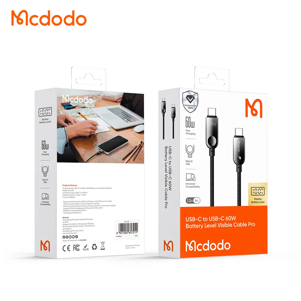 کابل شارژ سریع 60 وات 3 آمپر Type-c به Type-c نمایشگر دار 1.2 متر برند مک دودو مدل Mcdodo CA-4780