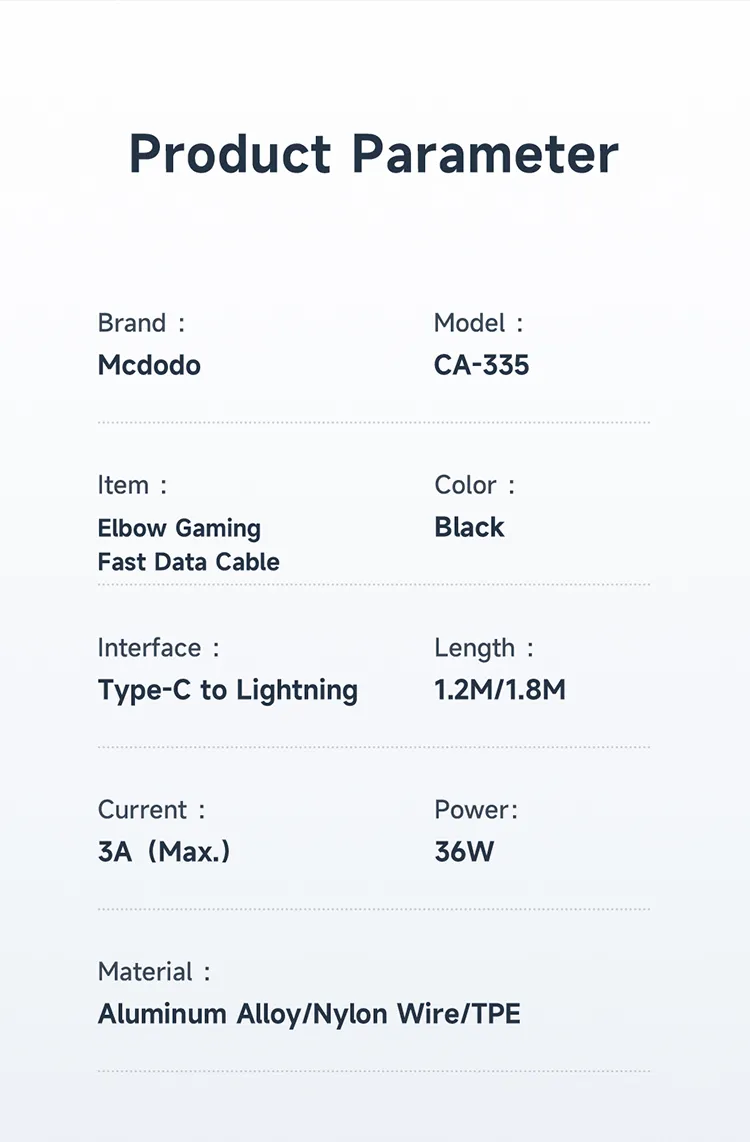کابل شارژ سریع گیمینگ 90 درجه 36 وات 3 آمپر Type-cبه Lightning طول 1.2 متر برند مک دودو مدل CA-3350
