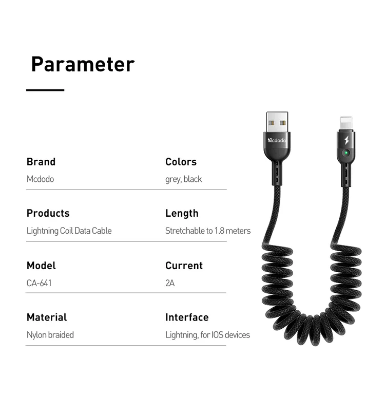 کابل شارژ و انتقال داده بدنه فنری 10 وات 2 آمپر USB به Lightning طول 1.8 متر برند مک دودو مدل CA-6410